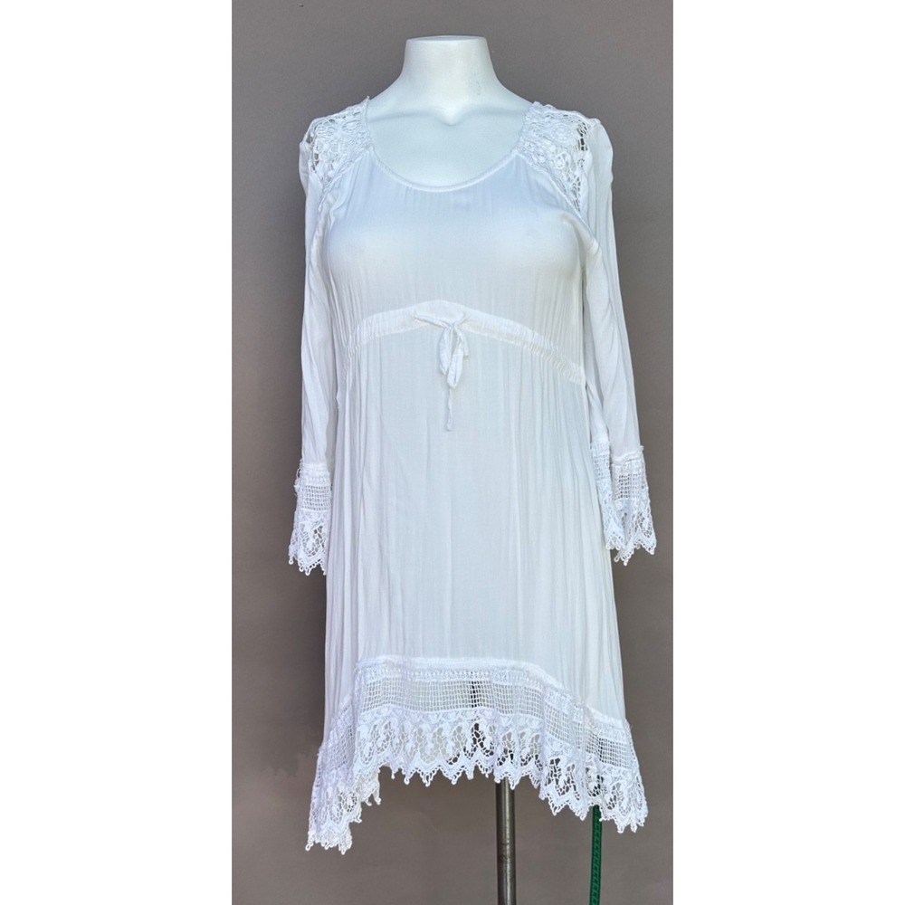 Mlle Gabrielle Dress M 3/4 Sleeve Tie Waist Crocheted Trim‎ Boho Coastal Fairy - Picture 13 of 14